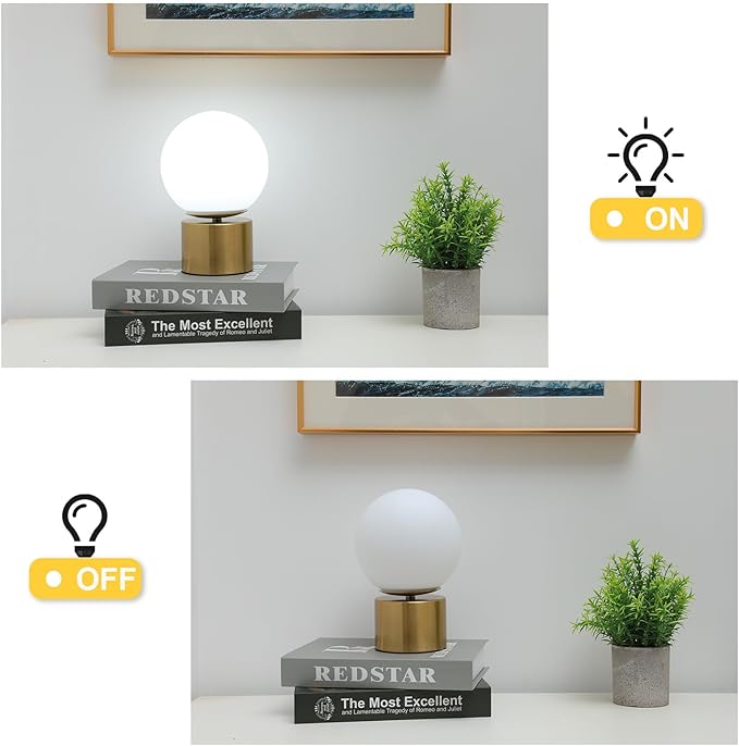 9 Inch Modern Gold Globe Table Lamp, Vintage Mid Century Round Table Lamp with White Glass Shade Metal Base for Bedroom Bedside Lamp Living Room End Table