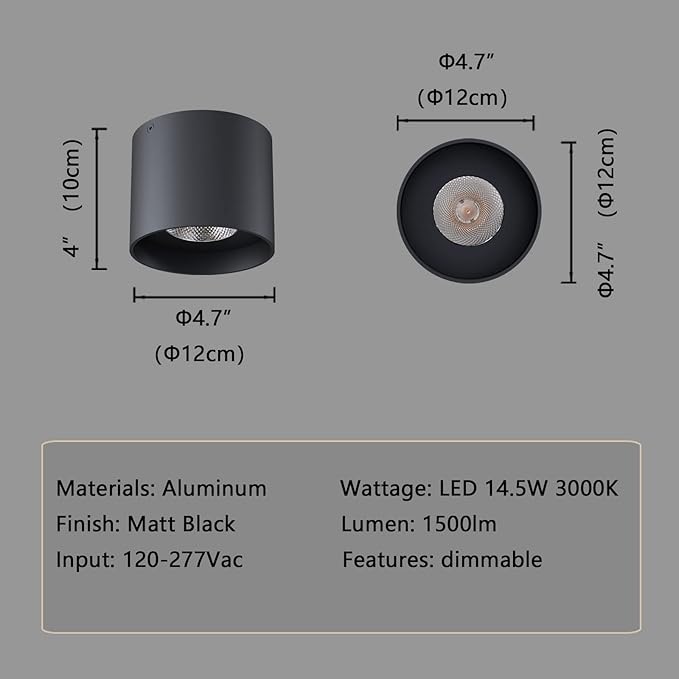 Ceiling Light Fixture, Flush Mount Ceiling Lights LED Dimmable Cylinder Ceiling Light Spot Light for Living Room Hallway Kitchen Dining Room Foyer 3000K 14.5W (Black) 2-Pack