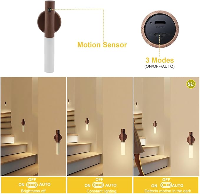 LANDGOO Wooden Motion Sensor Night Lights Magnet Body Sensor Hallway Night Lights Rechargeable Led Light Portable Stairway Wall Sconce Battery Powered Cabinet Lights (Walnut Wood 1PC)