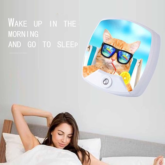 LED Square Night Light,Orange Cat LED Night Light Plug into Wall with Dusk to Dawn Light Sensor White Energy Efficient Nightlight for Bedroom Bathroom Hallway Living Room Kitchen