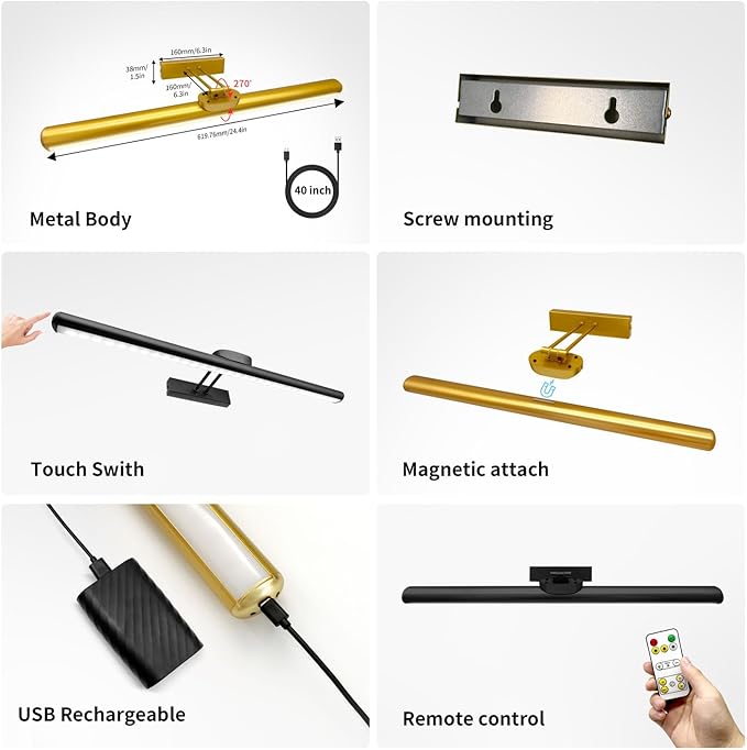 24.4" Wireless Picture Lights, Rechargeable Battery Art Display Light with Remote Control, Dimmable/Timer Off Dartboard Light, 3 Lighting Modes Full Metal Painting Display Lights (Black-1Pack)