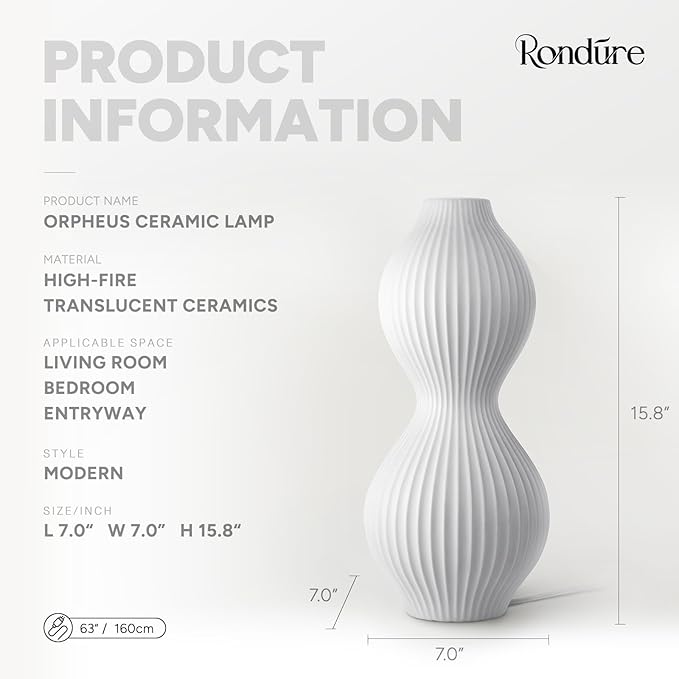 RONDURE 15.8" Modern Ceramic Table Lamp, Fully Dimmable Modern Bedside Lamps for Bedroom, Living Room and Nightstand, White Translucent Ceramic Shade, Warm Ambient Lighting, Corded, Bulb Included