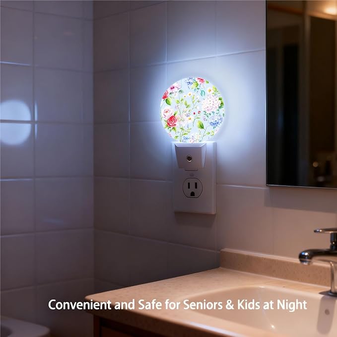 Plug-in Vintage Floral Night Light Roses Hydrangeas and Daisies on Blue Night Lights Plug into Wall with Auto on/Off Sensor, 0.5W LED Nightlight for Bedroom Bathroom Kitchen Hallway
