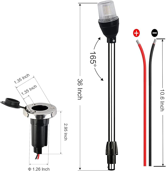 36 Inches Boat Stern Light Anchor Light LED Marine Navigation Lights All Round White Removable 2 Pin Plug in with Base 10-24 volts (Stainless steel with straight plug-in base)