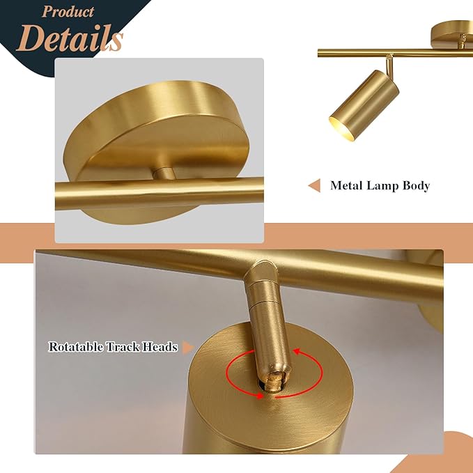 BOKT Mid Century Modern 2-Lights LED Track Lighting Kit 2 Ways Gold Flush Mount Ceiling Spotlight Brushed Brass Adjustable Angle Track Lighting Fixture