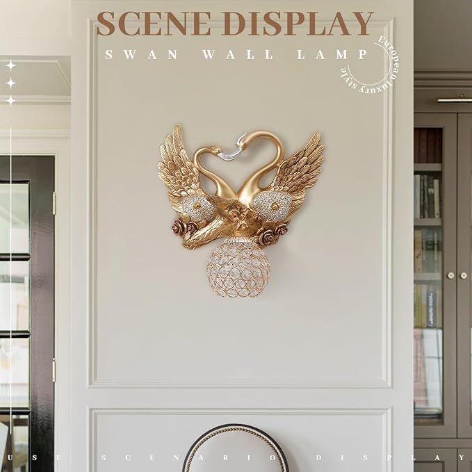 Vintage Double Swan Wall Lamp, Resin Animal Art Deco Gold Wall Sconce with Crystal Beaded Lampshade, Creative Heart Shaped Luxury Wall Light Fixture for Bedroom Living Room Bathroom Hallway