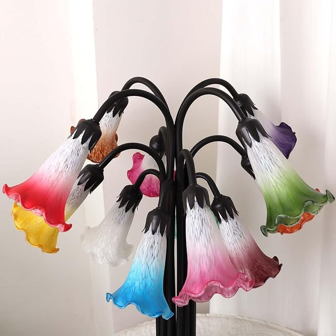 Bieye L10952 Lily Flower Blown Glass Accent Table Lamp for Living Room Bedroom Decoration (Multicolor, 12-Light)
