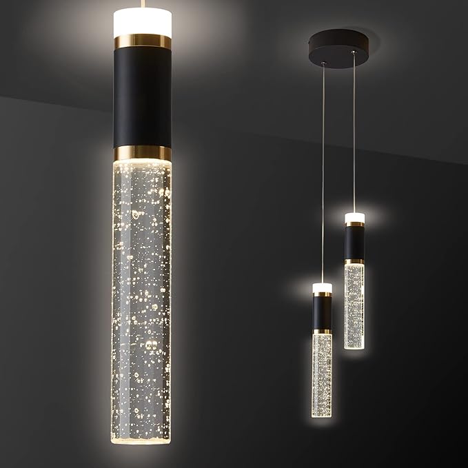 Led Pendant Light,Crystal Modern Kitchen Island Light Fixture,Adjustable Pendant Lighting for Kitchen Island,Black Gold Led Chandelier for Dining Room,Bedroom,Mini Pendant Spot Lights (2-Light)