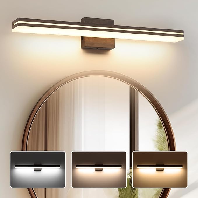SineRise LED Modern Bathroom Vanity Light Fixtures (32-Inch, 3000K/4000K/6000K, Dimmable), Brown Wood Painted Modern Acrylic Bathroom Wall Lighting Fixtures Over Mirror