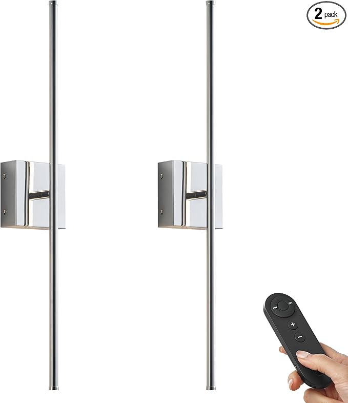 Battery Operated Wall Sconces with Remote Control, Dimmable Wall Sconces Set of Two, 350°Rotate, 3000K LED Chrome Wireless Wall Light for Living Room, Hallway, Bedroom, 24.4 Inch (2 Pack)