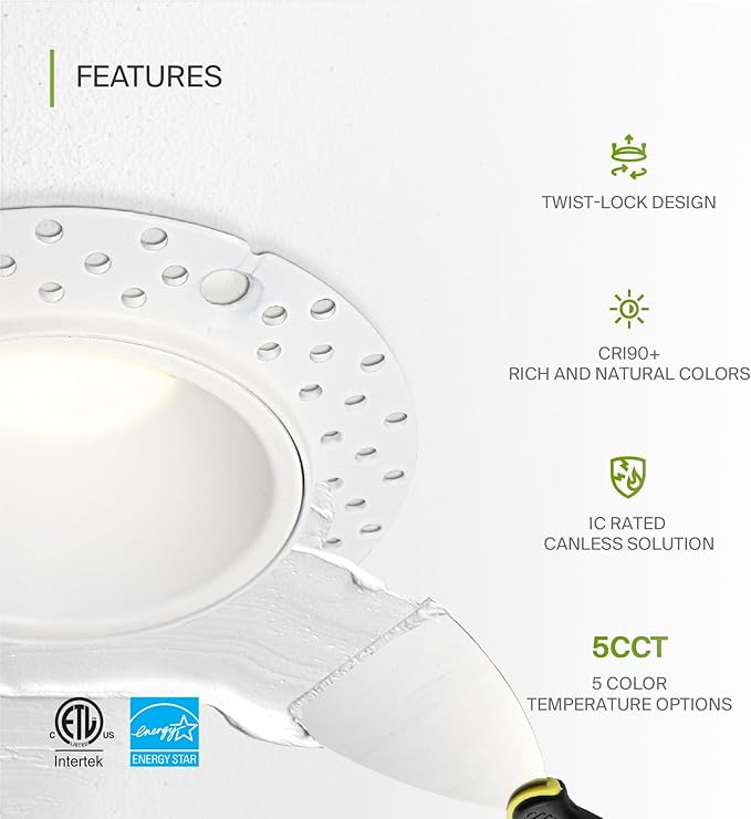 ASD Trimless 2 Inch LED Recessed Lighting, 15W 120-277V Commercial Downlight, Canless Dimmable Lights for Ceiling with J-Box, 5 CCT 2700K-5000K, CRI 90+, IC Rated, ETL, Energy Star, White