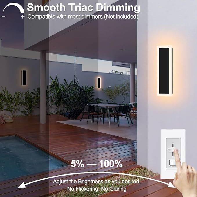 18inch Modern Outdoor Wall Light Porch Light LED Long Wall Light Fixture IP65 Waterproof Wall Lamps, Dimmable 18W 1620LM Black Wall Sconce, 3000/4000/5000K Selectable, ETL