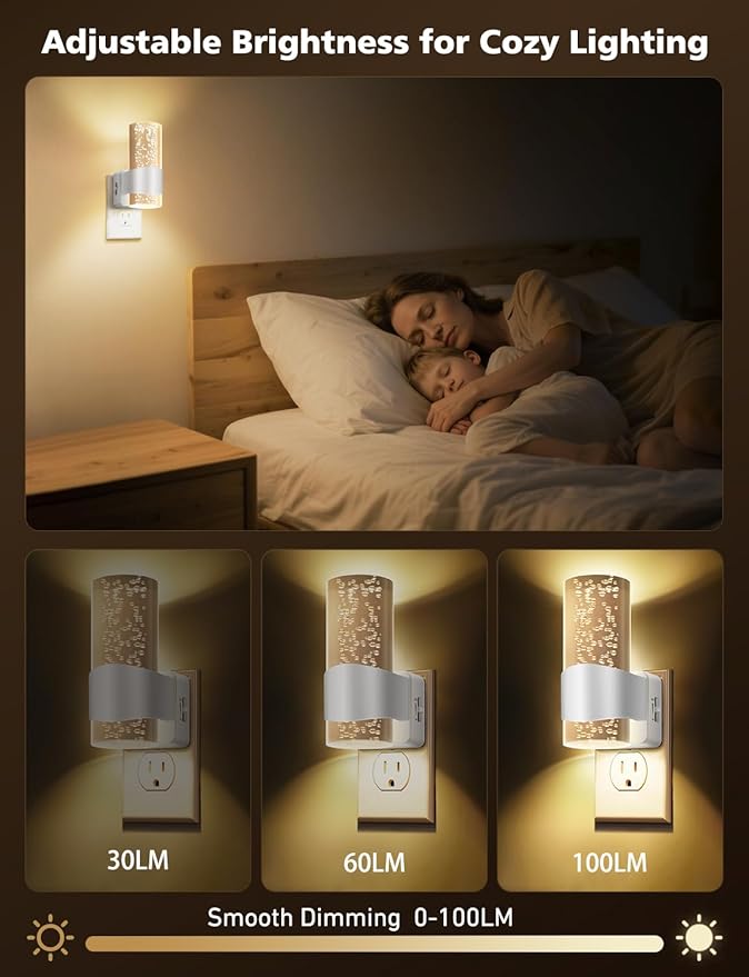 Night Lights Plug into Wall, Dimmable LED Night Light with Dusk to Dawn Sensor, Plug in Night Light Brightness Adjustable, 2 Pack 3000K Acrylic Nightlight for Bathroom Hallway