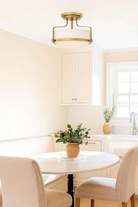 Hinkley Harper 3641HB Medium Semi-Flush Mount Ceiling Light for Kitchen, Bedroom, Bathroom, and Hallway, Sleek, Retro Style Heritage Brass and Etched Opal Glass