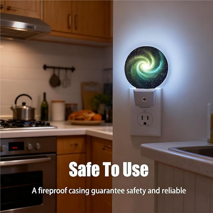 Plug-in Star-Filled Cosmos Night Light Green and Teal Spiral Galaxy Nightlight with Dusk to Dawn Sensor, Auto On/Off 0.5W Energy-Saving LED Lighting for Men Women Boys Girls Gift