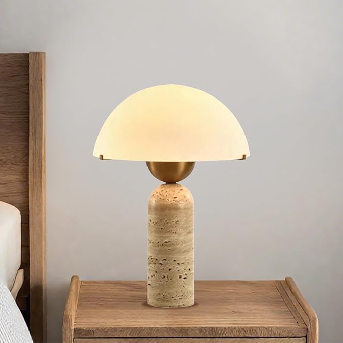 White Dome Table Lamp with Frosted Glass Shade, Mid-Century Modern Natural Stone Base Desk Lamp for Bedroom Nightstand, Scandinavian Bedside Light, 17.7 x 11.8 in