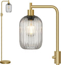 【Upgraded】 Dimmable Glass Floor Lamp for Living Room, Modern Gold Standing Lamp with Gray Ribbed Glass Lampshade & Knob Dimmer, Arc Tall Lamp for Bedroom Office Reading Room, 2700K Led Bulb Included