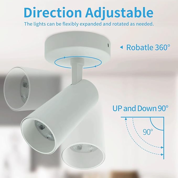 LED Ceiling Spotlight 5CCT 2700K/3000K/3500K/4000K/6000K Selectable Dimmable,Spot Light Indoor Adjustable Flush Mount Lights Fixture 12W CRI 90+, White, 2 Pack Tilt Angle Accent Lighting