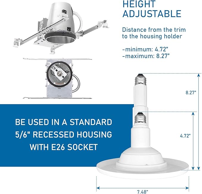 Jolux 4-Pack 5/6 Inch Retrofit Led Can Lights Adjustable Retrofit Downlight,Recessed Light Flat Trim,8.5W=40W, 3000K (Warm White), 650 Lumens, Dimmable,ETL Damp Rated, E26 Screw Base,Easy Install.……