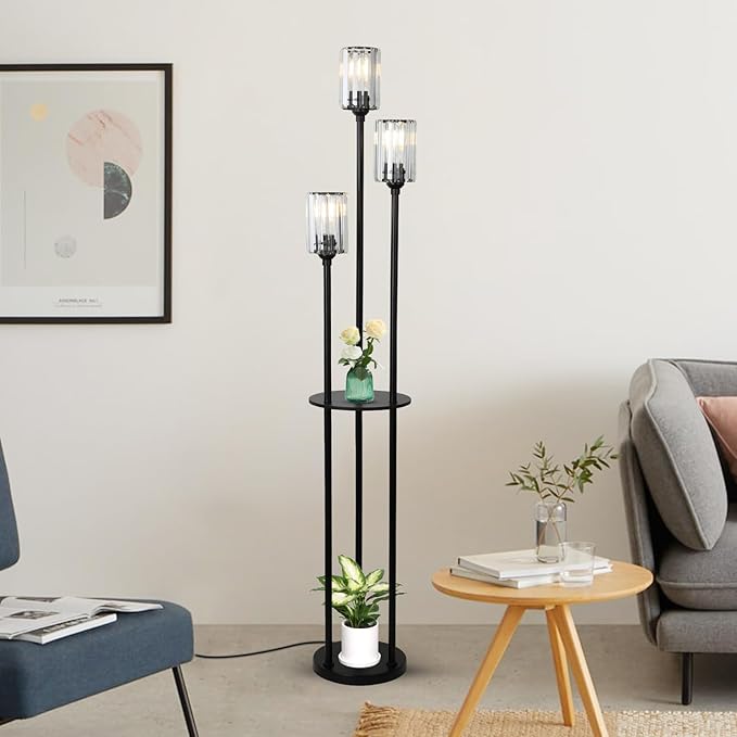 HMVPL Crystal Floor Lamp with Shelves, Modern Floor Lamps for Living Room, 3-Light Standing Lamps with Table, Black Tall Lamp with Crystal Shade, On/Off Foot Switch, Corner Floor Lamp for Bedroom
