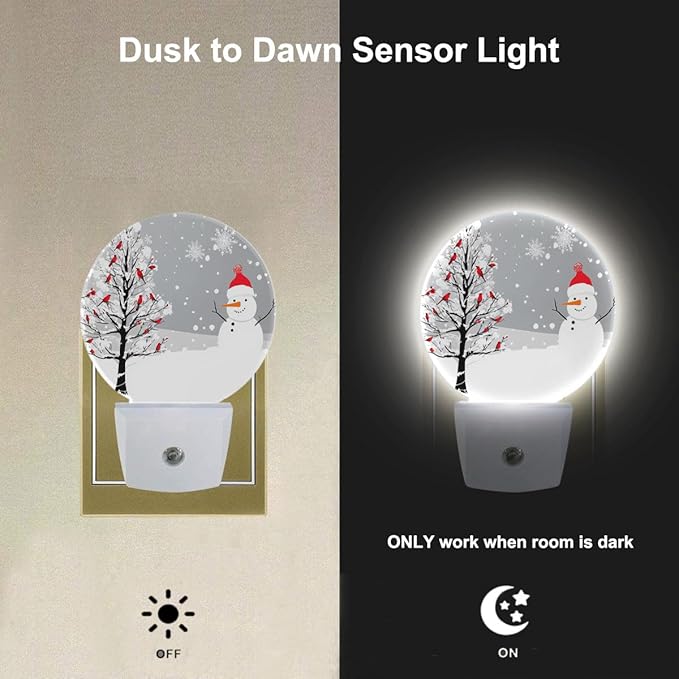 EKOBLA Snowman Night Light Winter Snowflakes Cardinals on Snowy Christmas Tree Plug-in Nightlights with Dusk to Dawn Sensor 0.5W LED Lighting for Men Women Boys Girls Holiday Gifts