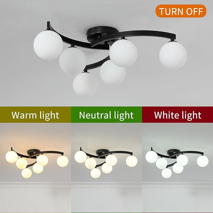 Mid Century Glass Globe Semi Flush Mount Ceiling Light Fixture,Modern 6 Light Sputnik Black Metal Chandelier for Dining Room Bedroom Kitchen Living Room Office Lighting