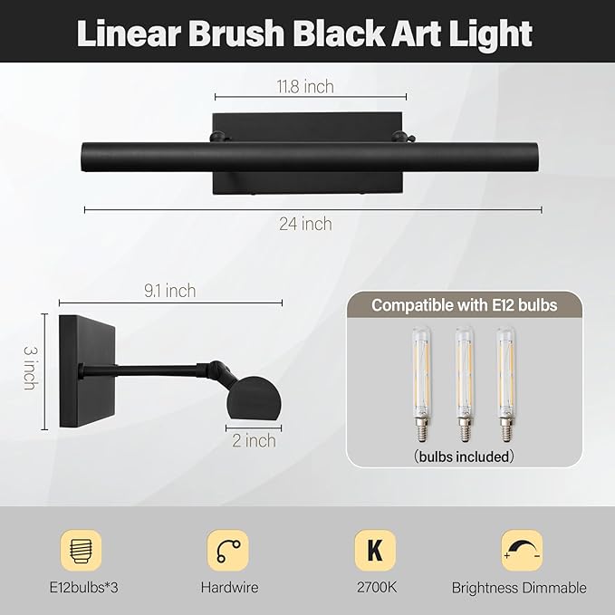 Art Picture Frame Wall Light: 24" Black Dimmable Vintage Artwork Brass Painting Spotlight - Hardwired Swing Arm Rotatable 3 Lights over Pictures - Linear Accent Lighting above Photo for Gallery Museum