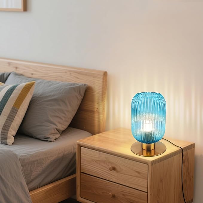 Small Table Lamp for Bedroom, Blue Bedside Lamp Mini Nightstand Lamp with On/Off Switch, Elegant Ribbed Glass Table Lamp Mid Century Bedside Table Lamp Gold Desk Lamp for Living Room Office