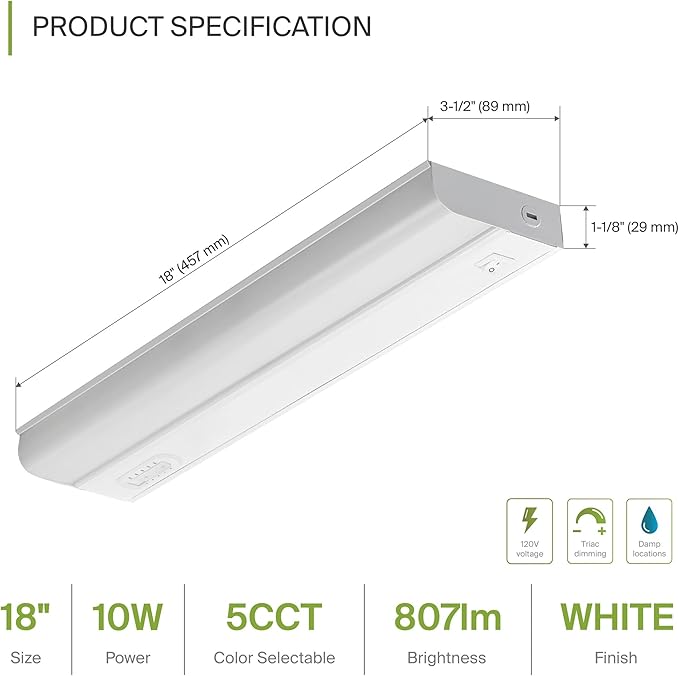 ASD 20 Pack 18 Inch Hardwired LED Under Cabinet Lights, On/Off & 5CCT Switch 2700K-5000K, 10W 807LM CRI90+, Direct Wire Low Profile Linkable Fixture, Dimmable Under Counter Kitchen Lighting, White, UL