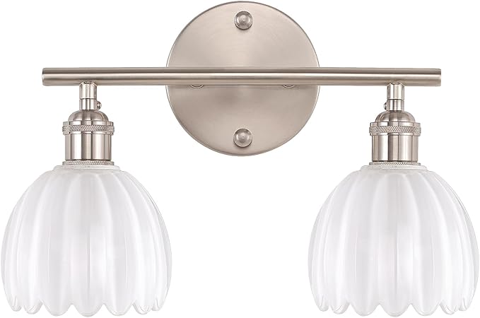 Bathroom Light Fixtures, 2-Light Vanity Wall Light Over Mirror with White Tulip Glass Shade for Bedroom Living Room (Bulb Not Included), Satin Nickel