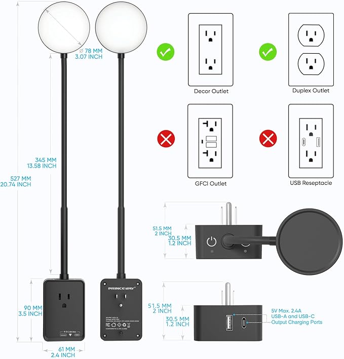 Plug in LED Book Reading Light, Black Dimmable LED Wall Sconce Lamp with Power Plug and Outlet Extender for Reading in Bed at Night, 3 Lighting Colors, with USB Output Charging Ports