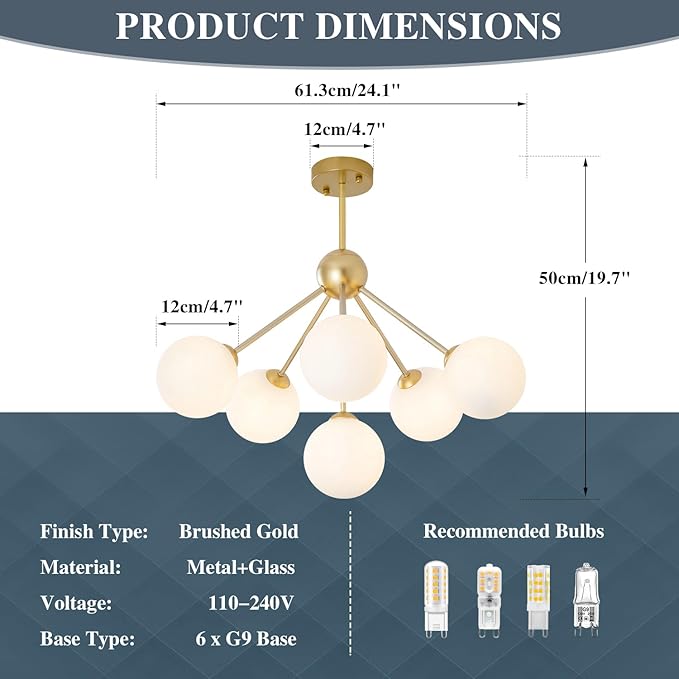 KCO Lighting 6-Light Frosted White Glass Globe Sputnik Chandelier Modern Gold Flush Mount Ceiling Light Mid-Century Close to Ceiling Light Fixture for Foyer Hallway Entry