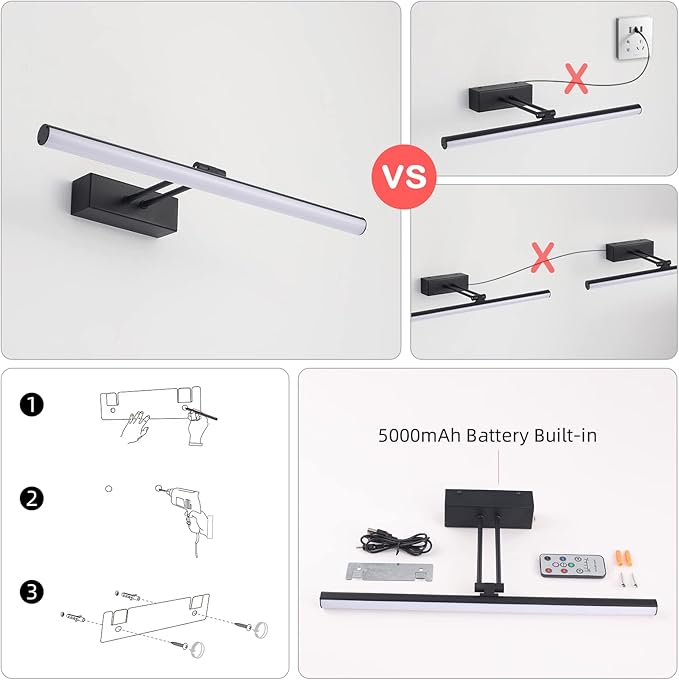 Black Picture Light, Battery Operated Painting Lighting with Remote,16 inch Led Art Lamp, Wirelless Wall Lamp,Rechargeable Picture Frame Light,Cordless Gallery Light