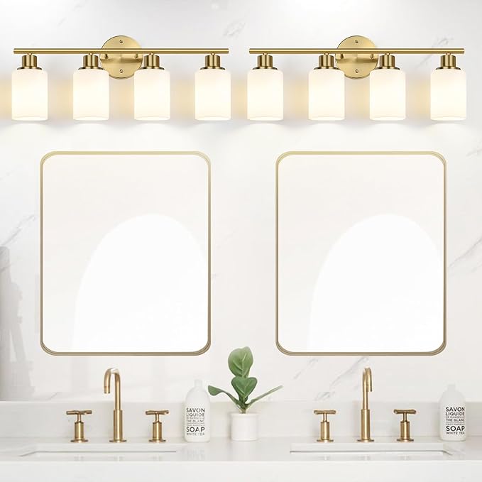 4-Light Bathroom Light Fixtures, Brushed Gold Modern Vanity Lights with Milky White Frosted Glass Shades, Bathroom Wall Lamp for Mirror Kitchen Living Room