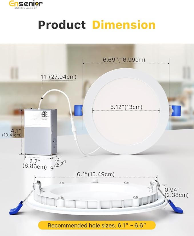 Ensenior 16 Pack 6 Inch LED Recessed Ceiling Light, Dimmable, 4000K Cool White, 1050LM 12W 120V, High Brightness Canless Wafer Downlight - ETL&FCC&IC