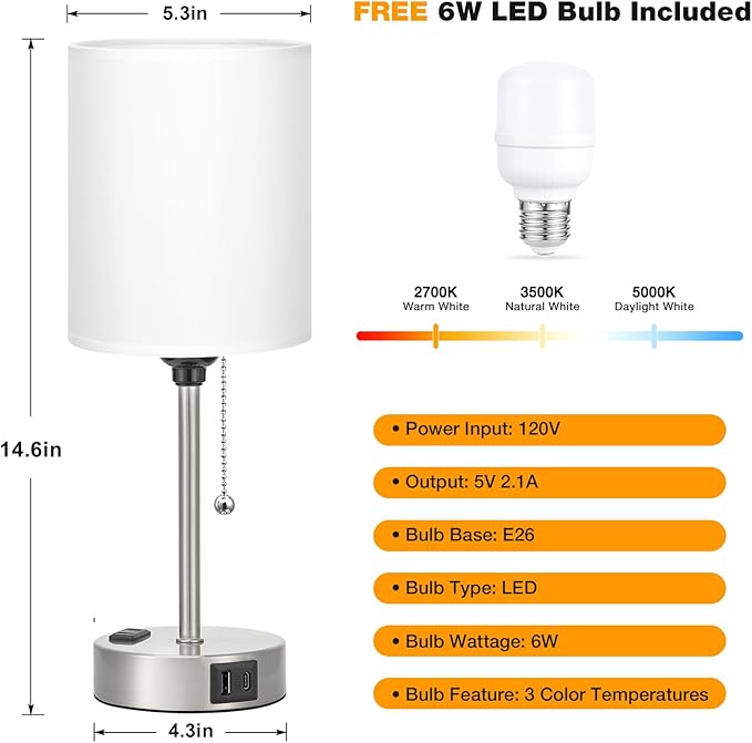 White Bedside Lamp for Bedroom - 3 Color Temperatures Desk Lamp with USB C and A Ports, Pull Chain Table Lamp with AC Outlet, Nightstand Lamp with Silver Metal Base for Kids Girls