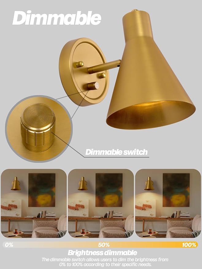 Gold Wall Sconces Set of Two, Brass Wall Sconce with Dimmable Switch Modern Bathroom Vanity Light with Metal Lampshade Adjustable Bedside Sconce Light for Bedroom Living Room Hardwired
