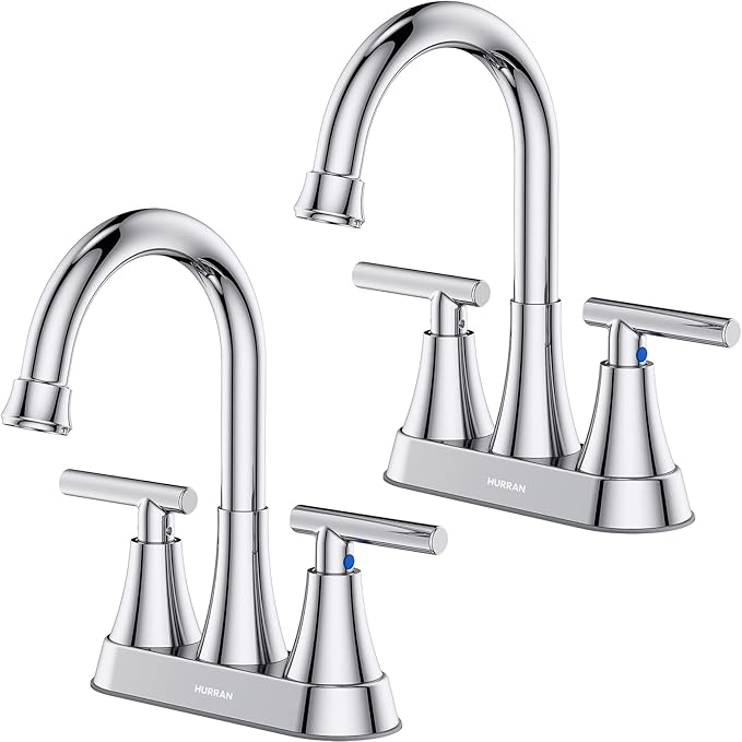 Bathroom Faucets for Sink 3 Hole, Hurran 4 inch Chrome Bathroom Sink Faucet with Pop-up Drain and Supply Hoses, Stainless Steel Lead-Free Centerset Utility Faucet for Vanity RV, 2 Pack