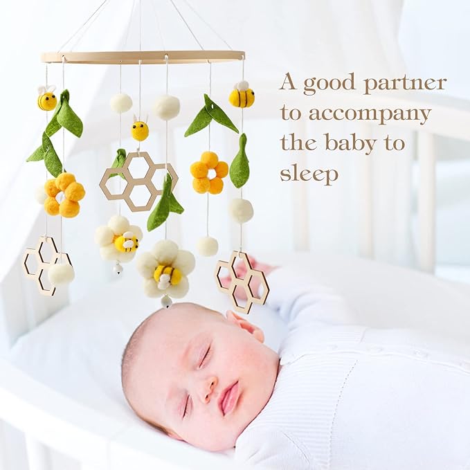 Nursery Mobile for Boys Girls, Boho Bee Flower Nursery Decor Soothe Toy, Shower Set for Infant Bedroom Hanging Decoration, Yellow