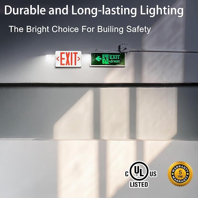 LED Combo Exit Sign Emergency Light, Commercial Emergency Exit Lights with Battery Backup, Double Sided and Adjustable Two LED Head, Fire Resistant UL 94V-0, AC 120/277V (8 Pack)