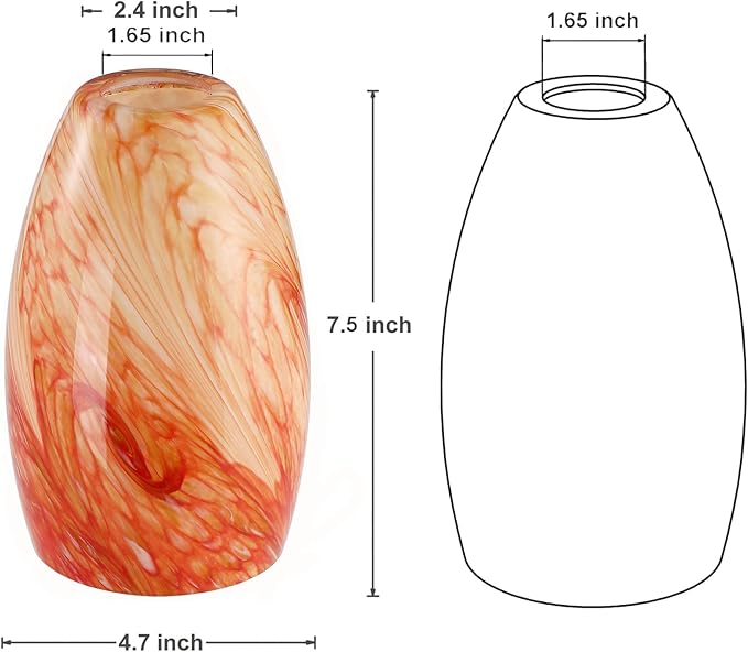 Hand Blown Art Glass Lamp Shade for Light Replacement Oval Glass Light cover Shade Height 7.5inch,Fitter 1.65inch,Max Diameter 4.7inch for mini pendant ceiling light fixture (Amber Red)