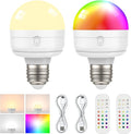 2Packs E26 Rechargeable Light Bulbs with Remote, 6W 450lm Battery Operated Magnetic Light Bulbs 2500mAh, 15 RGB Color, Timer, Dimmer for Non-Hardwired Lamp