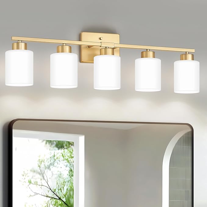 Gold Bathroom Light Fixtures, 5-Light Modern Vanity Light Over Mirror, Wall Sconces with Milky White Frosted Glass Shades, E26 Socket (Bulbs Not Included)