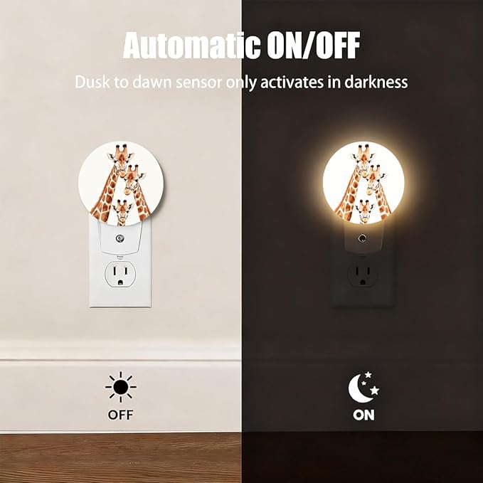 Plug-in Watercolor Giraffe Family Portrait Night Light Cute Animal Nightlight with Dusk to Dawn Sensor, Auto On/Off 0.5W Energy-Saving LED Lighting for Men Women Boys Girls Gift