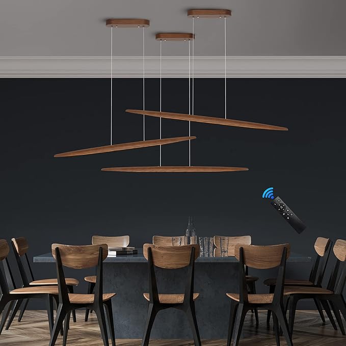 39" Wood Linear Pendant Light LED Dimmable Hanging Light Dinning Room Light Fixture Island Lights 24w for Dining Room Kitchen Island Bar Walnut Color