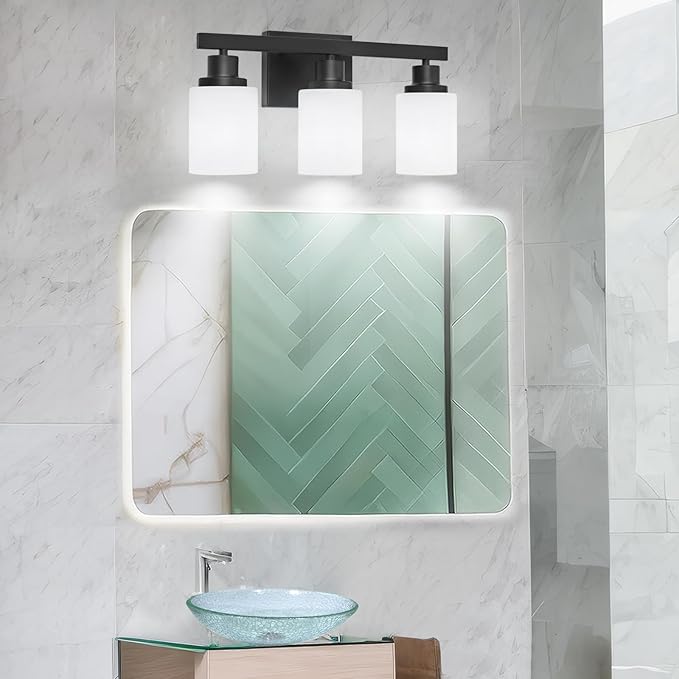 3-Light Bathroom Light Fixtures Over Mirror, Modern Matte Black Vanity Lights with White Frosted Glass Shade, Bathroom Wall Lamp Sconces for Mirror Bedroom, Living Room Hallway
