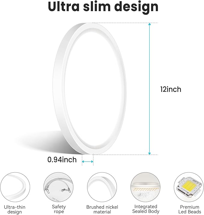 libtit 12 inch Flush Mount LED Ceiling Light Fixture, 3000K 4000K 6500K Adjustable, 28W 3200lm White Round Lighting Fixtures for Bathroom Shower Hallway Kitchen, 6 Pack
