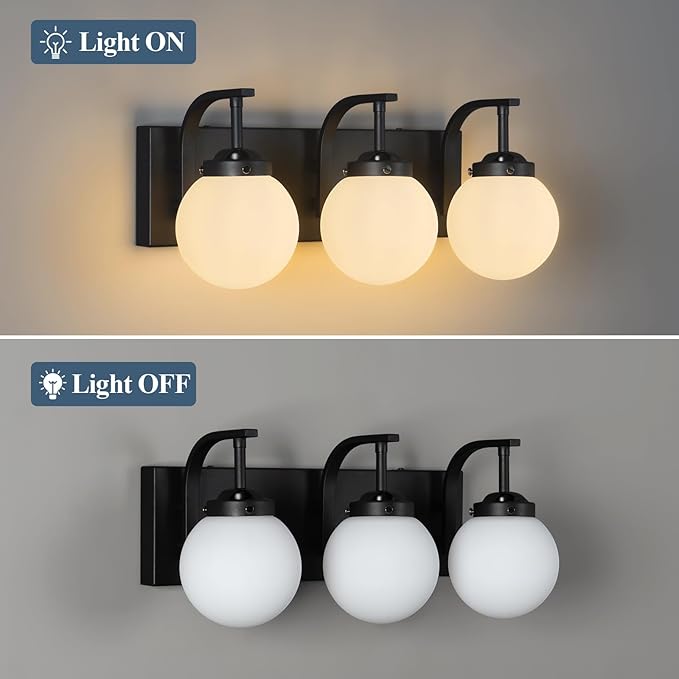 3 Lights Bathroom Vanity Light Fixtures Modern Sand Black Vanity Light with Milk White Glass Globe Shade Bathroom Lighting Over Mirror Wall Sconce for Bedroom Living Room Hallway