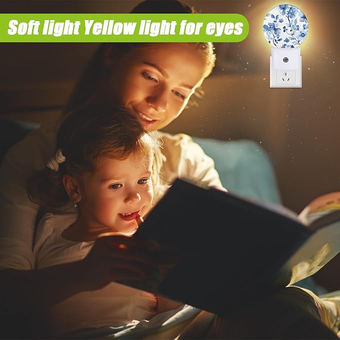 Vintage Blue Floral Night Light,Abstract Botanical Floral Plug-in Night Lights with Dusk-to-Dawn Sensor for Bedroom Bathroom and Living Room Sleep Friendly lamp