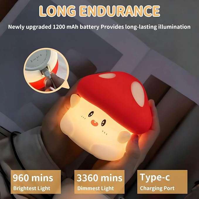 Mushroom Night Light Squishy Lamp, 50Hrs Battery Kids Nightlight, Tap Control, 30Min Auto-Off, Rechargeable Kawaii Bedside Lamp for Girls Room Decor, [Valentines Gifts]